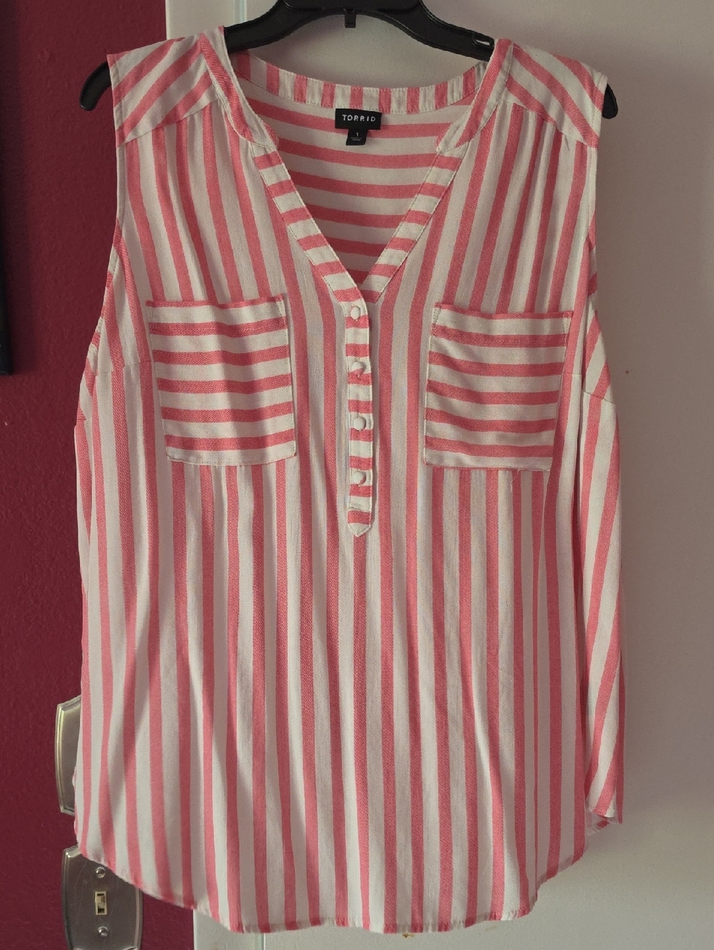 torrid Pink and White Striped Sleeveless V-Neck Shell